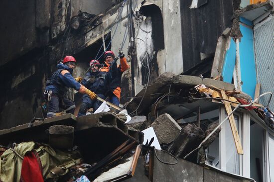 Aftermath of household gas explosion in residential building in Volgograd