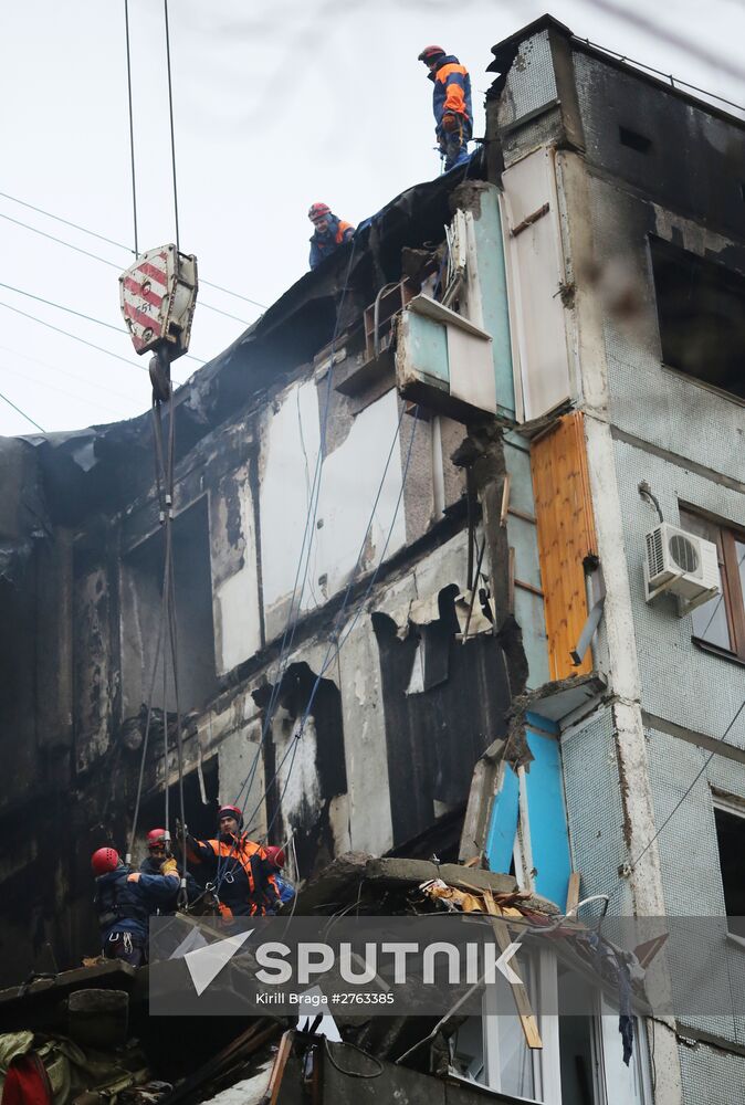 Aftermath of household gas explosion in residential building in Volgograd
