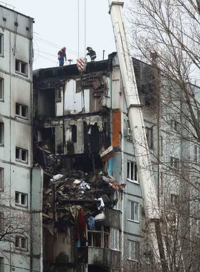 Aftermath of household gas explosion in residential building in Volgograd