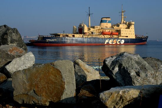 Seeing off icebreaker "Admiral Makarov" leaving Vladivostok