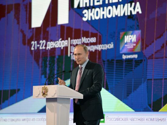 President Vladimir Putin takes part in plenary meeting of first Russian Internet Economy Forum