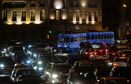 Christmas Tram on Moscow Streets