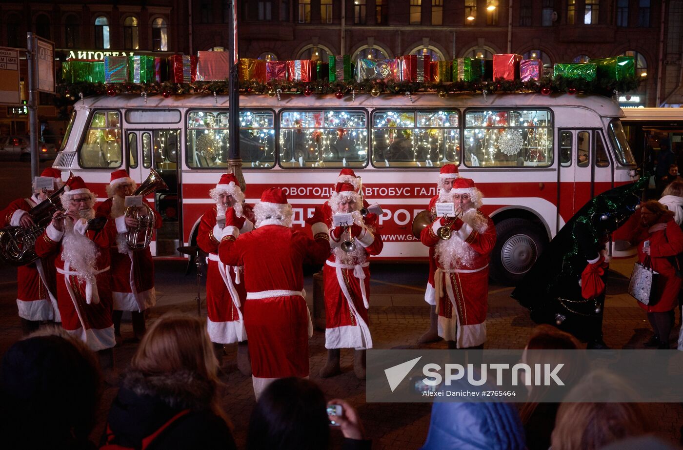 Busload of Fathers Frost in St.Petersburg