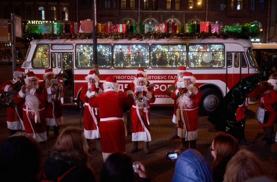Busload of Fathers Frost in St.Petersburg