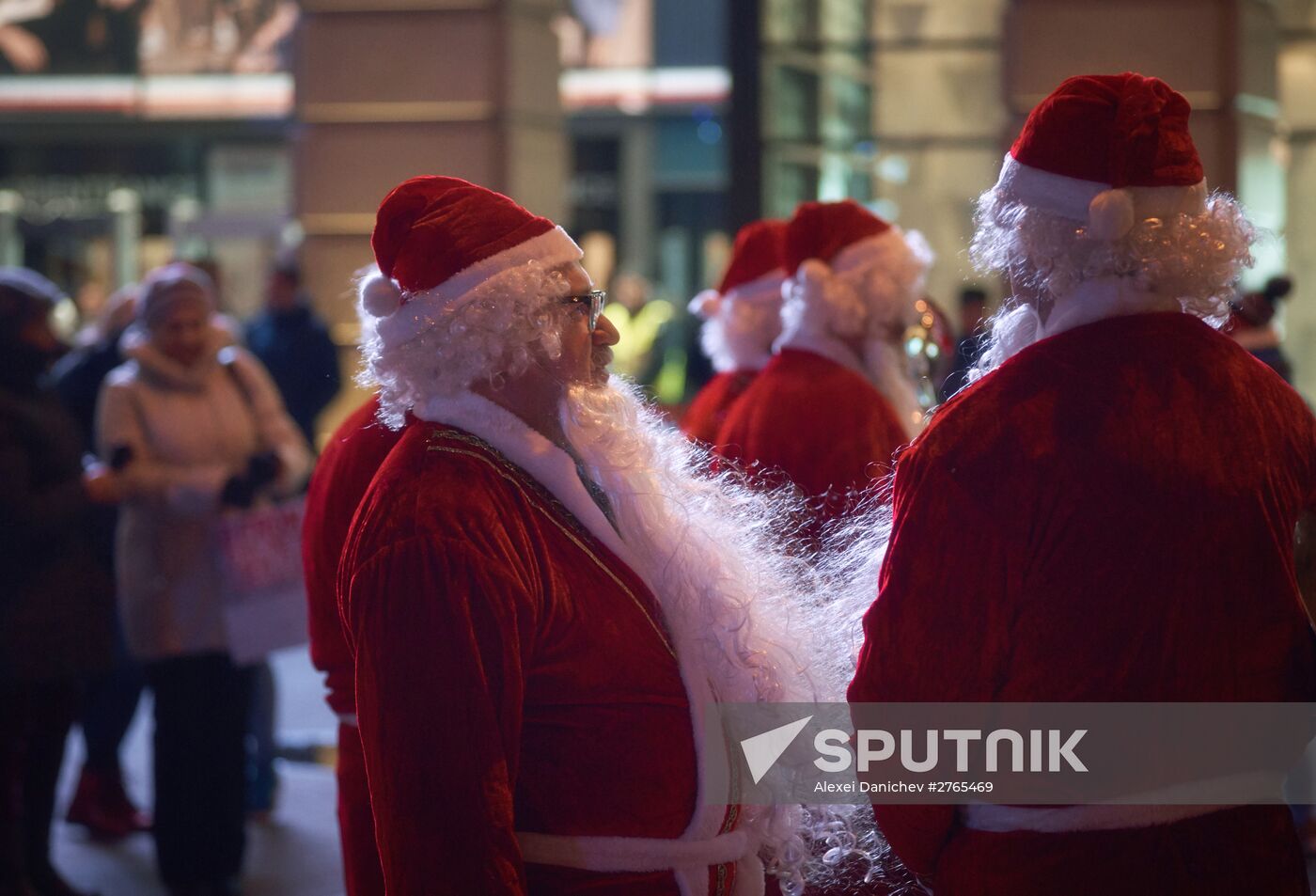 Busload of Fathers Frost in St.Petersburg