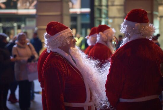 Busload of Fathers Frost in St.Petersburg