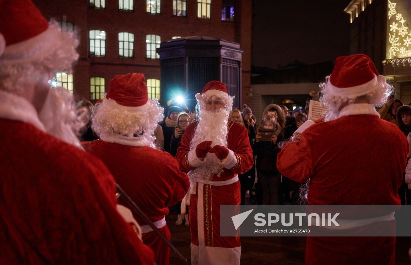 Busload of Fathers Frost in St.Petersburg