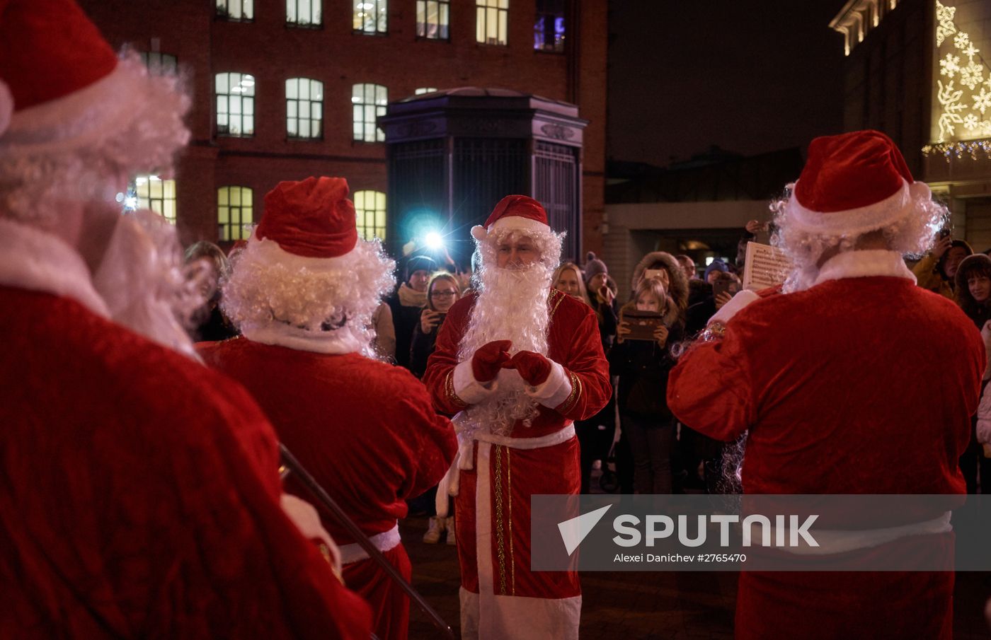 Busload of Fathers Frost in St.Petersburg