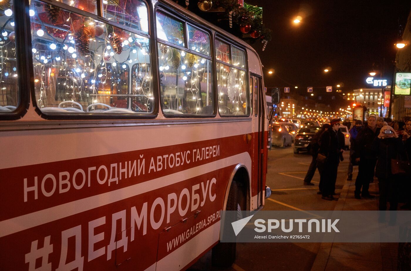 Busload of Fathers Frost in St.Petersburg
