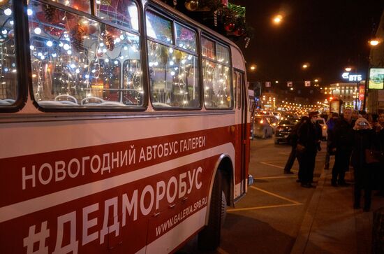 Busload of Fathers Frost in St.Petersburg