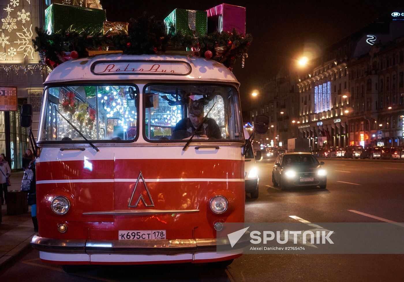 Busload of Fathers Frost in St.Petersburg