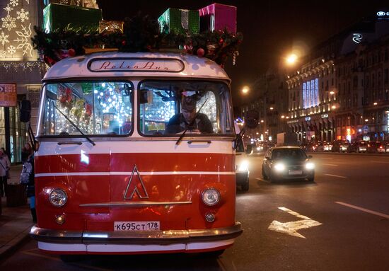 Busload of Fathers Frost in St.Petersburg