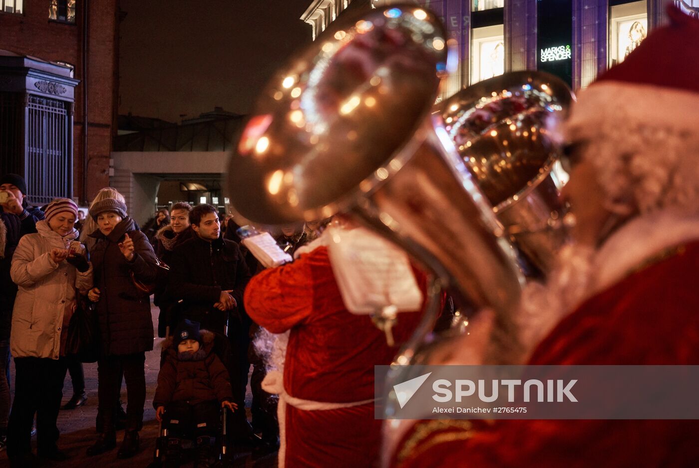 Busload of Fathers Frost in St.Petersburg