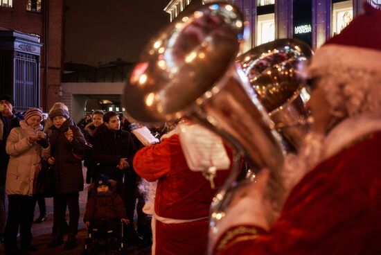 Busload of Fathers Frost in St.Petersburg