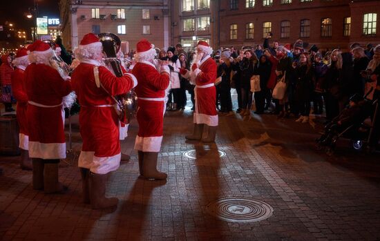 Busload of Fathers Frost in St.Petersburg