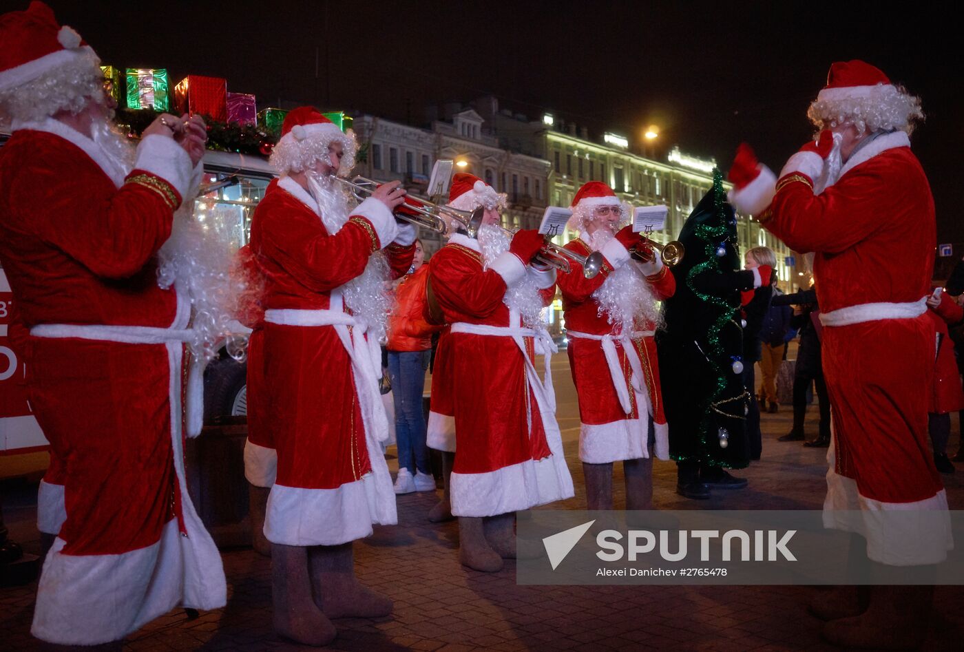 Busload of Fathers Frost in St.Petersburg