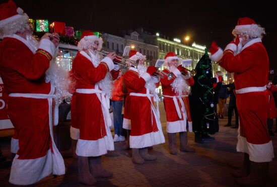 Busload of Fathers Frost in St.Petersburg
