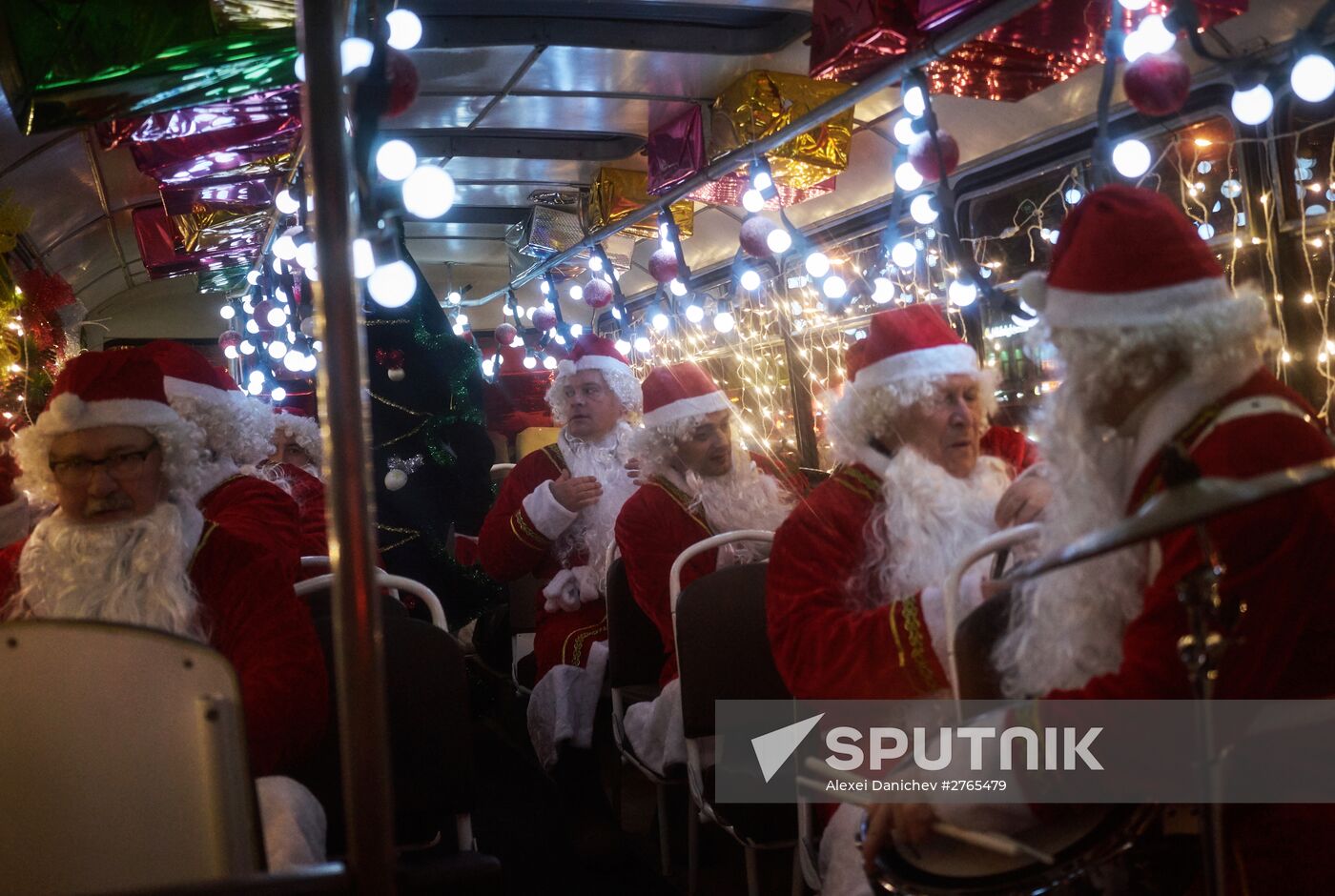 Busload of Fathers Frost in St.Petersburg