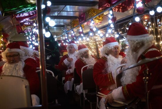 Busload of Fathers Frost in St.Petersburg