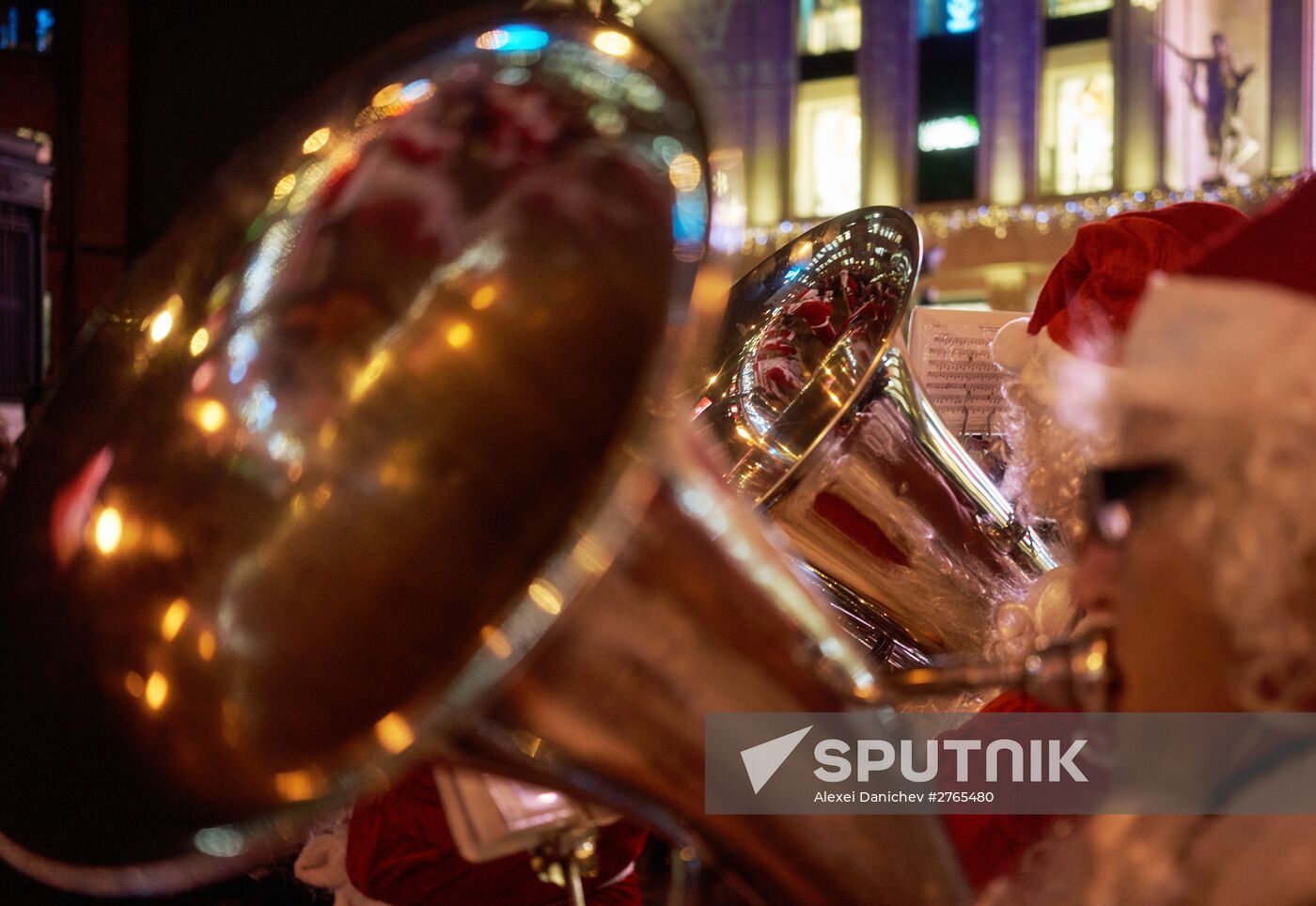 Busload of Fathers Frost in St.Petersburg