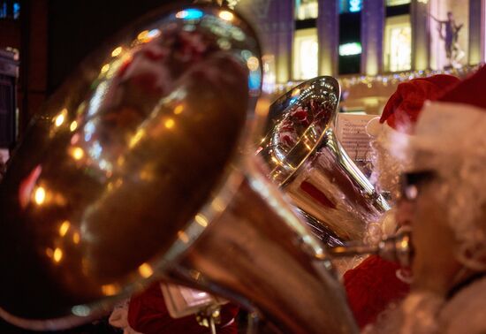 Busload of Fathers Frost in St.Petersburg