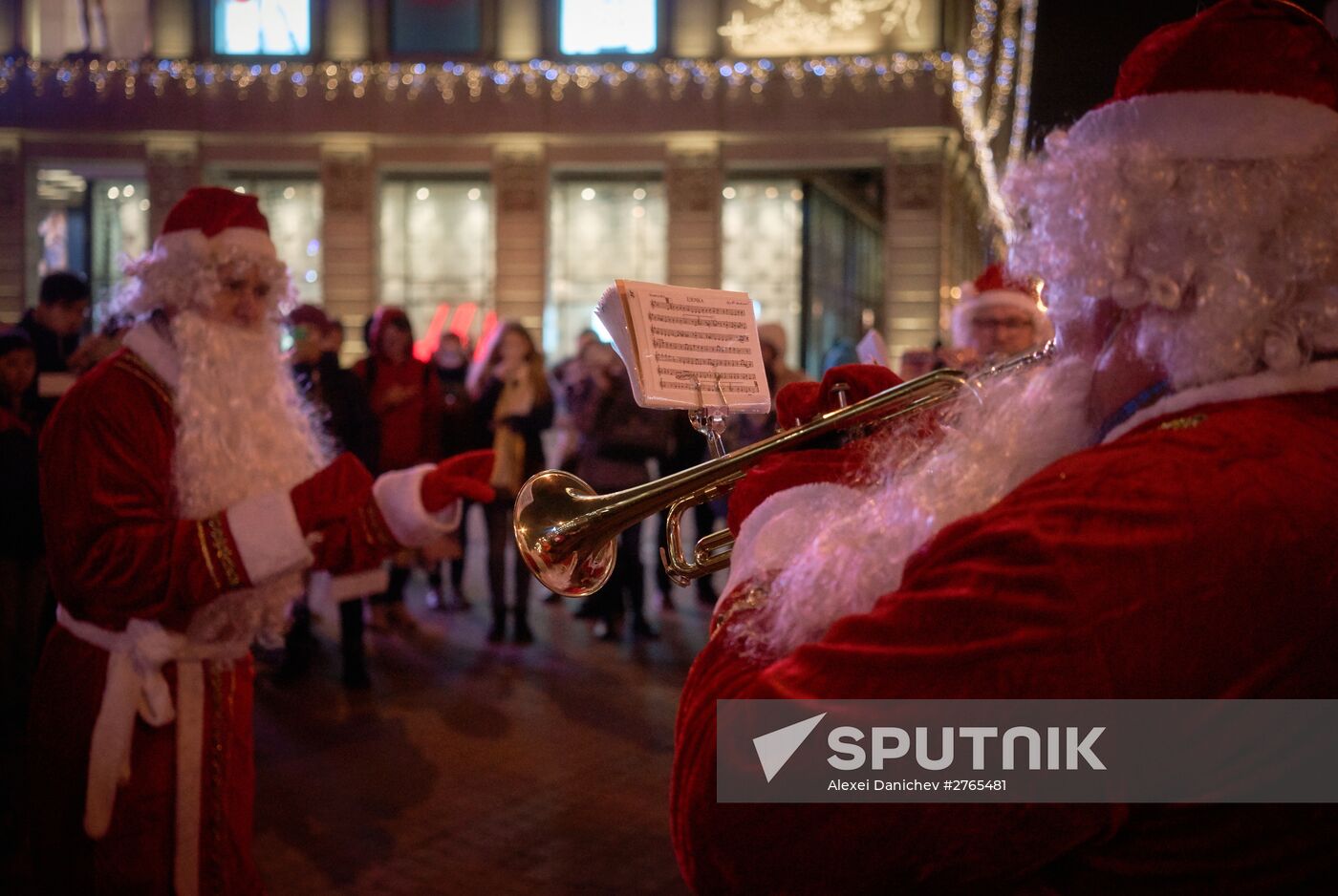 Busload of Fathers Frost in St.Petersburg