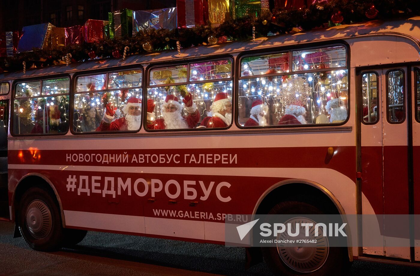 Busload of Fathers Frost in St.Petersburg