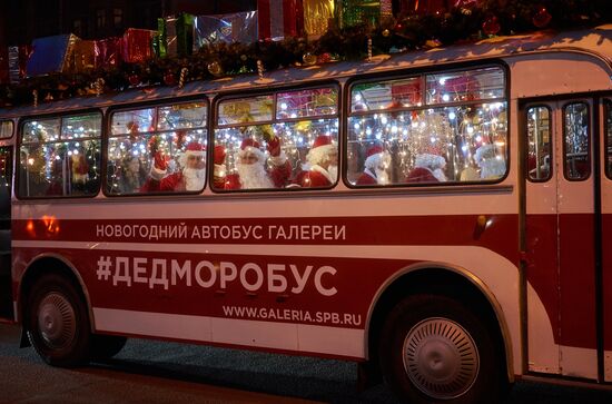 Busload of Fathers Frost in St.Petersburg