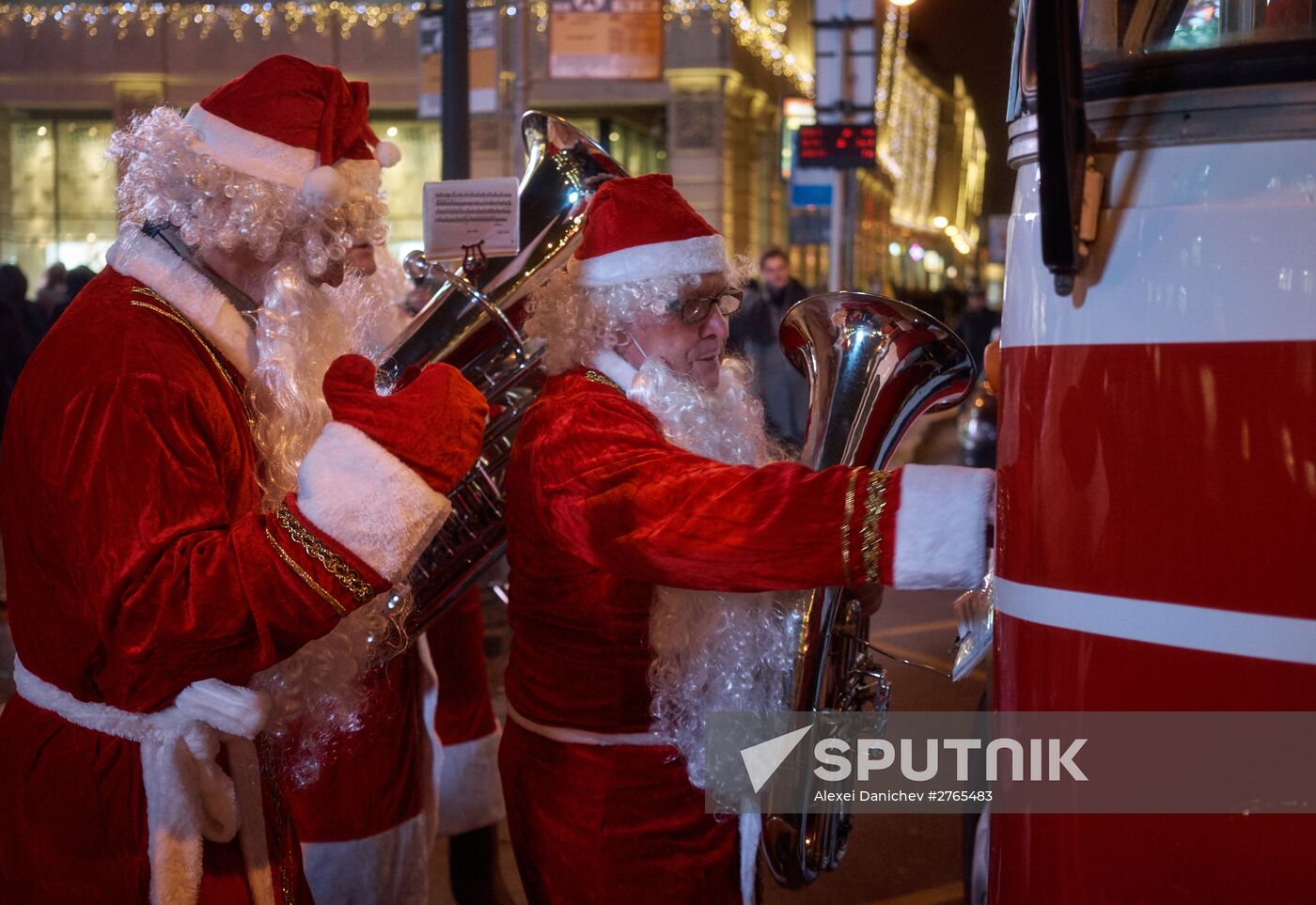 Busload of Fathers Frost in St.Petersburg