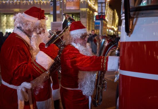 Busload of Fathers Frost in St.Petersburg