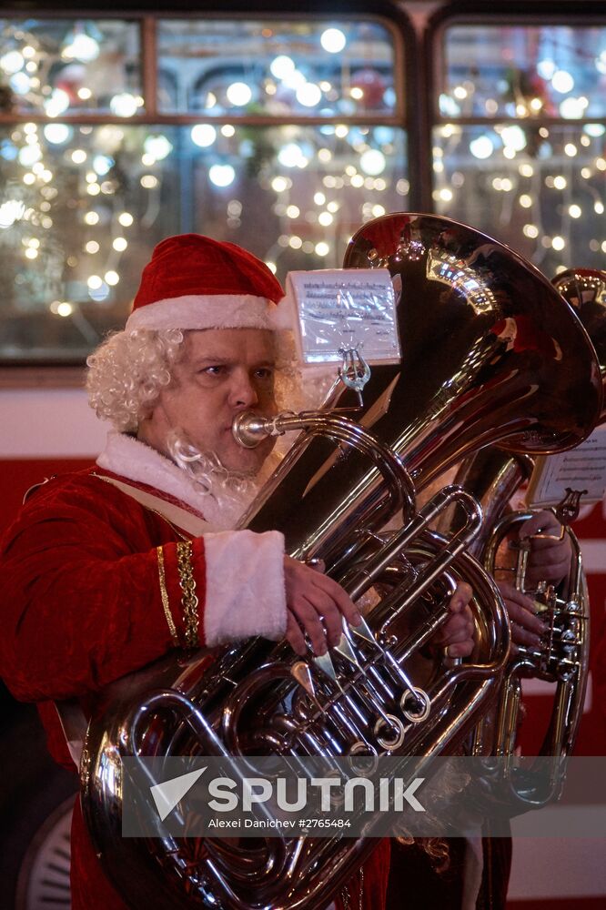 Busload of Fathers Frost in St.Petersburg