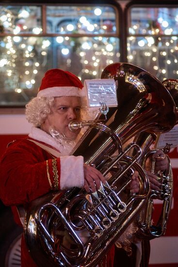 Busload of Fathers Frost in St.Petersburg