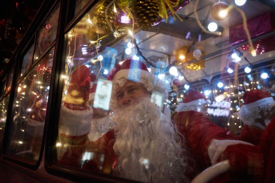 Busload of Fathers Frost in St.Petersburg