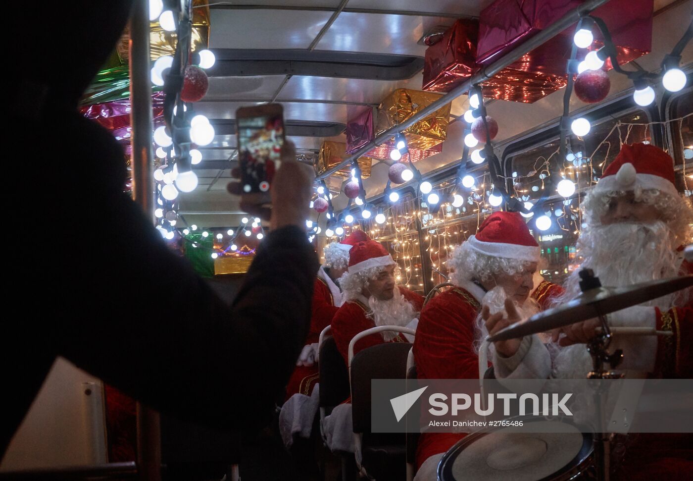 Busload of Fathers Frost in St.Petersburg