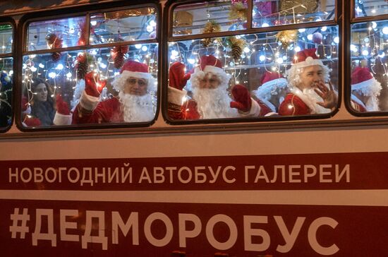 Busload of Fathers Frost in St.Petersburg