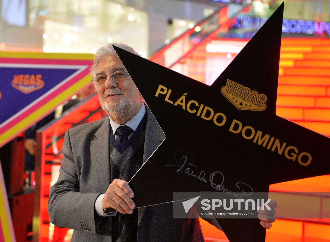 Placido Domingo signs his star in glory alley at Vegas Crocus City.