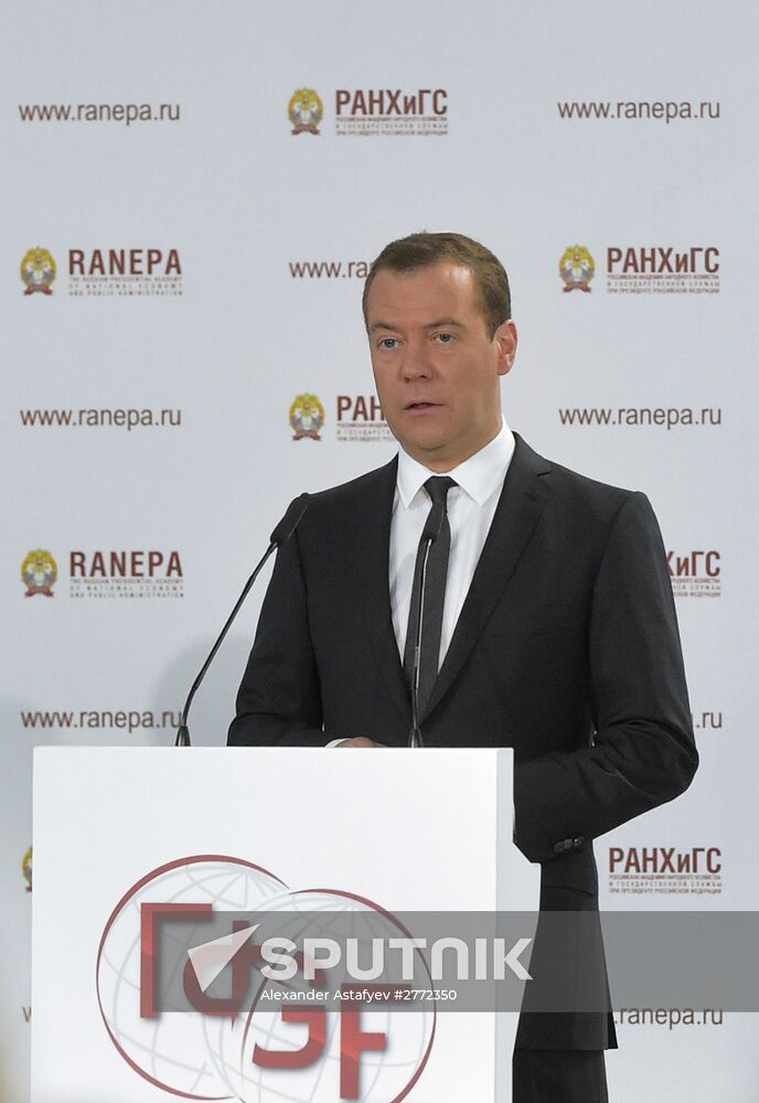 Prime Minister Dmitry Medvedev speaks at 2016 Gaidar Forum