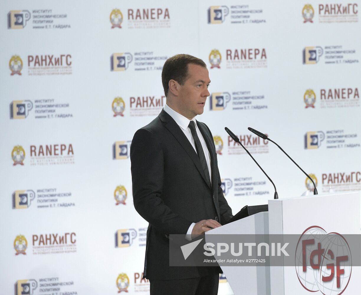 Prime Minister Dmitry Medvedev speaks at 2016 Gaidar Forum