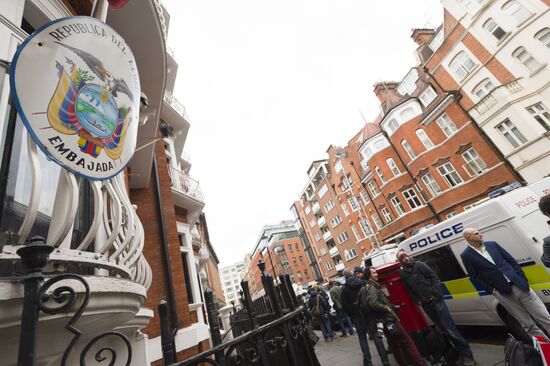 Julian Assange gives press conference over a video link from Ecuador Embassy in London