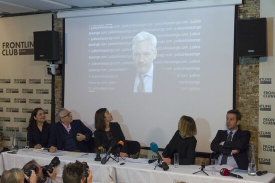 Julian Assange gives press conference over a video link from Ecuador Embassy in London
