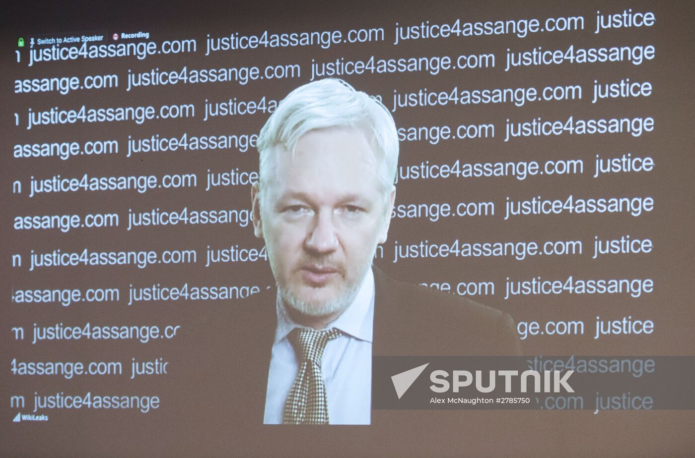 Julian Assange gives press conference over a video link from Ecuador Embassy in London