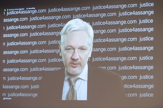 Julian Assange gives press conference over a video link from Ecuador Embassy in London
