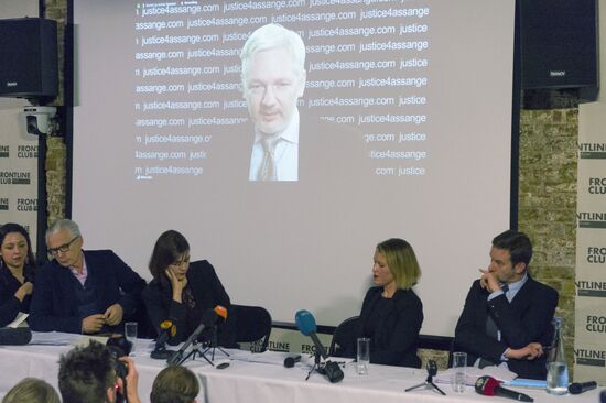 Julian Assange gives press conference over a video link from Ecuador Embassy in London