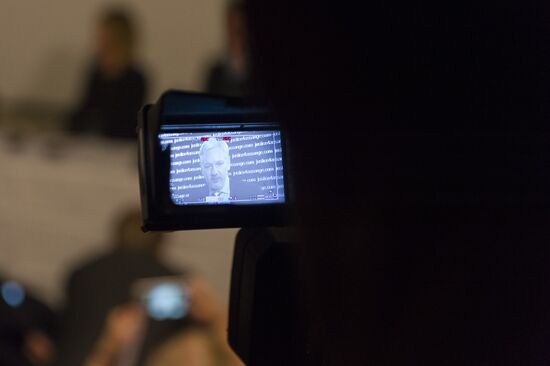 Julian Assange gives press conference over a video link from Ecuador Embassy in London