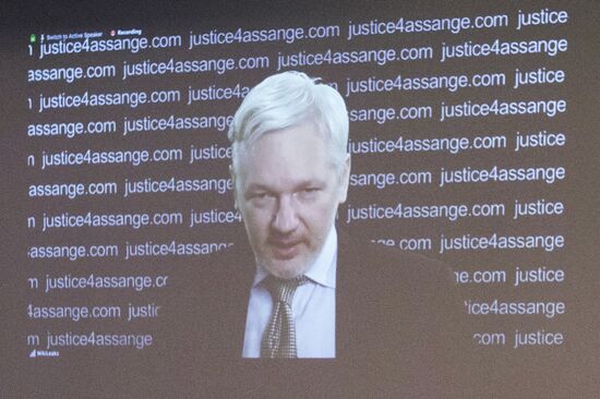 Julian Assange gives press conference over a video link from Ecuador Embassy in London