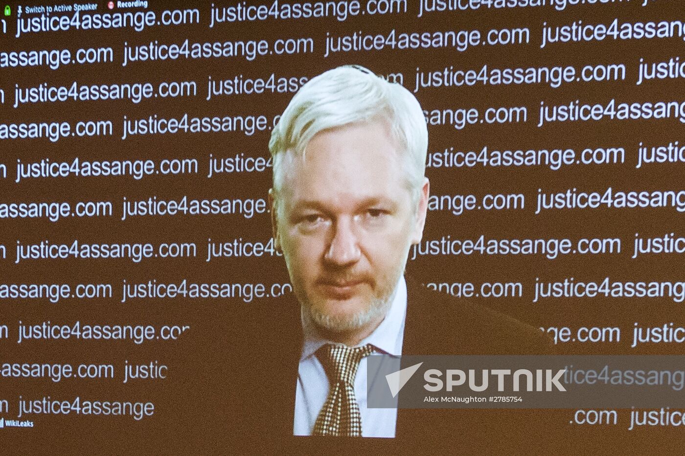 Julian Assange gives press conference over a video link from Ecuador Embassy in London