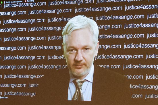 Julian Assange gives press conference over a video link from Ecuador Embassy in London