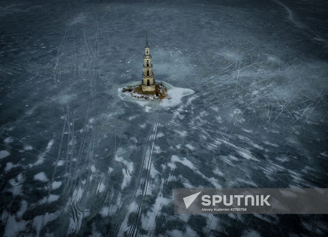 St. Nicholas Cathedral bell tower flooded by Uglich Reservoir