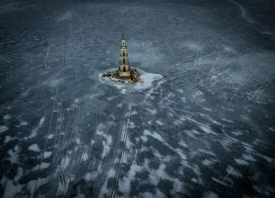 St. Nicholas Cathedral bell tower flooded by Uglich Reservoir