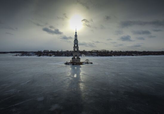 St. Nicholas Cathedral bell tower flooded by Uglich Reservoir